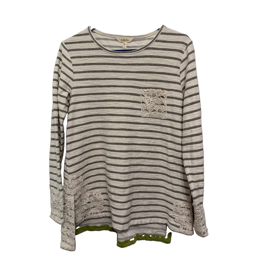 Matilda Jane Top Womens M Cream Gray Striped Floral Lace Boho Homestead Cottage